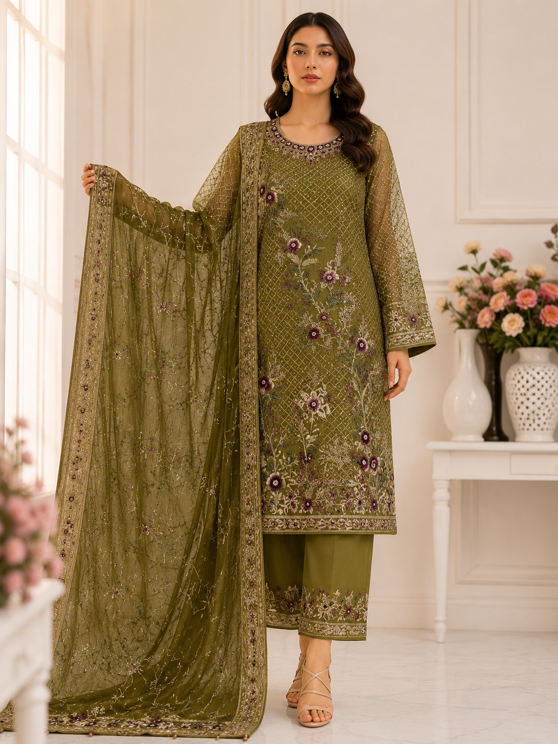 Imrozia Luxury Organza Embroidered & Hand Embellished Suit