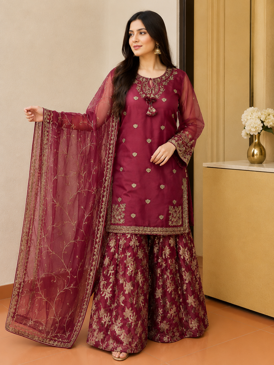 Luxury Net Embroidered & Hand Embellished 3 Piece Stitched Suit