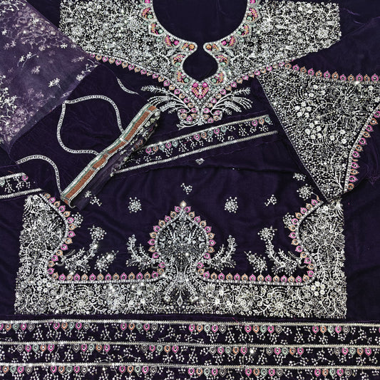 Jazmin Premium Embroidered Micro Velvet 3 Piece Suit with Net Dupatta