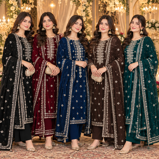 micro velvet embroidered 3Piece suit
