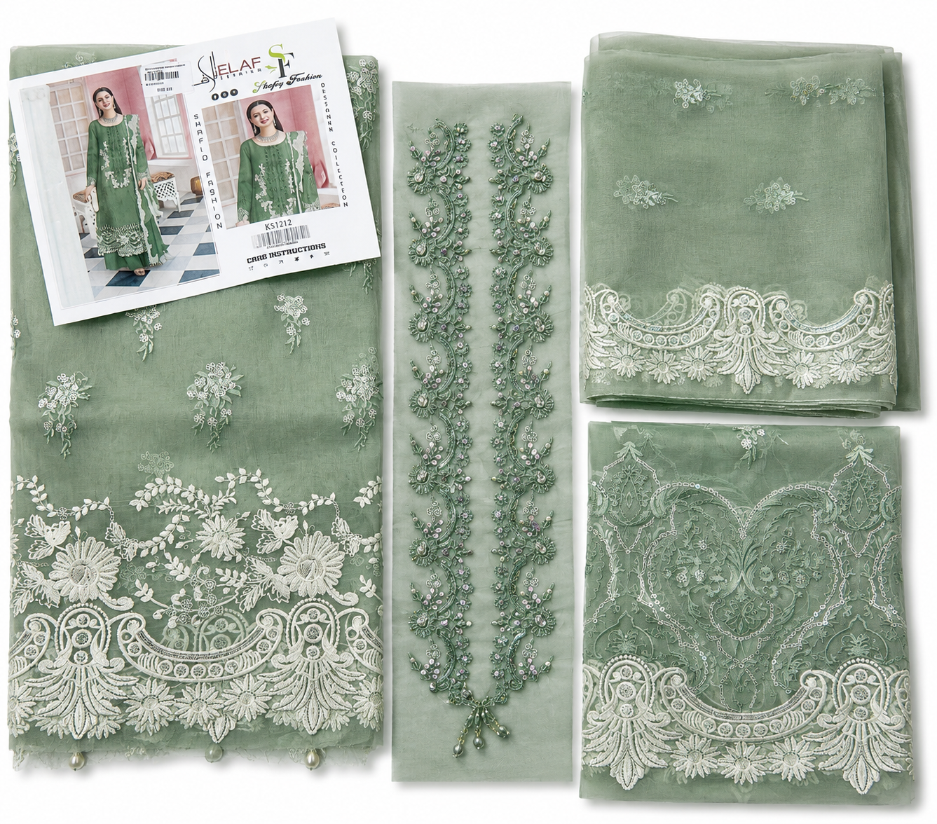 Elaf premium organza shirt with neckline patch with net dupatta ￼
