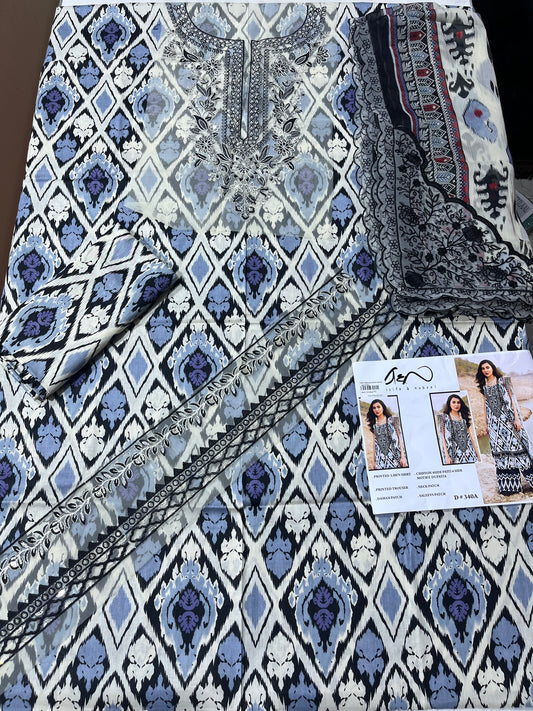 asifa & nabel printed three piece lawn with patches ￼