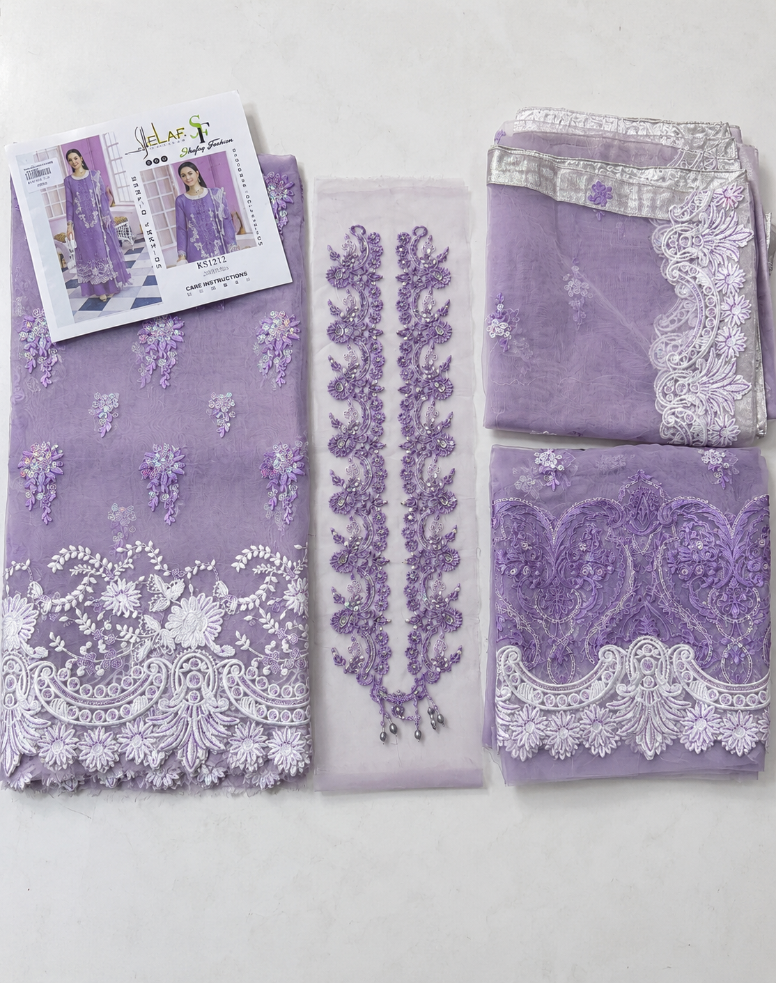 Elaf premium organza shirt with neckline patch with net dupatta ￼