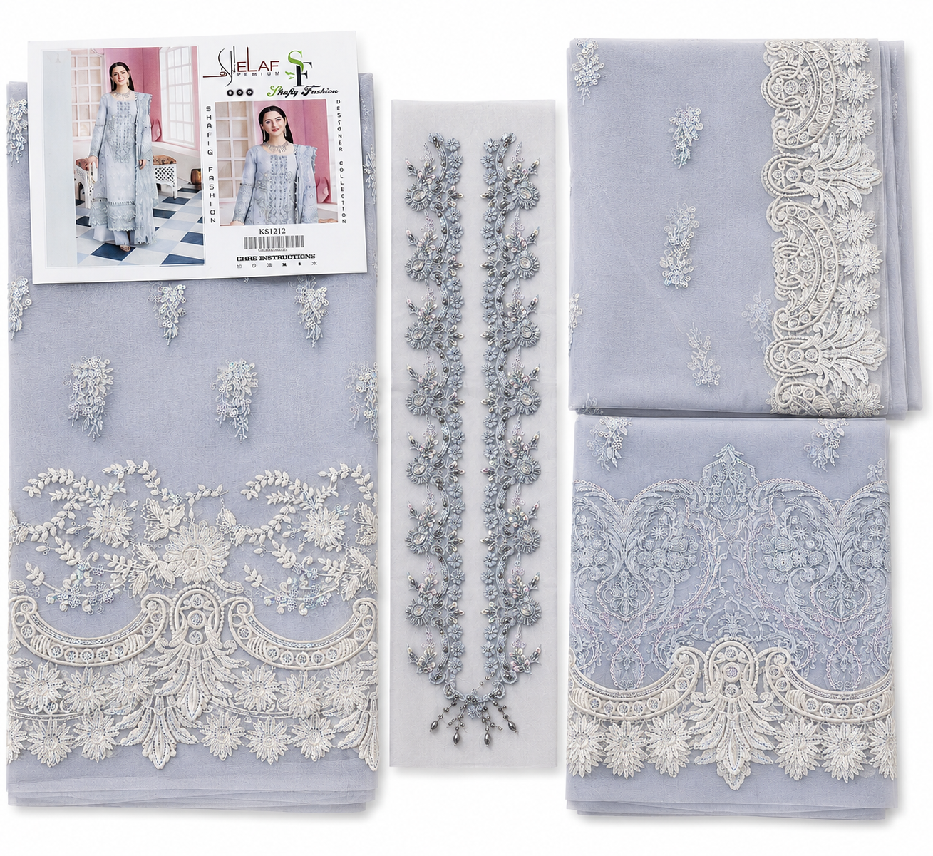 Elaf premium organza shirt with neckline patch with net dupatta ￼