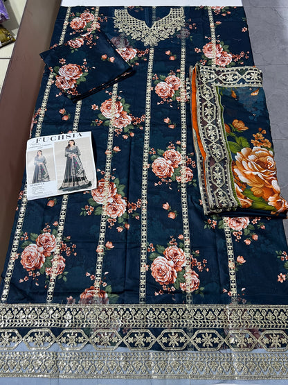 farasha 3p printed lawn with patches with embroidery ￼