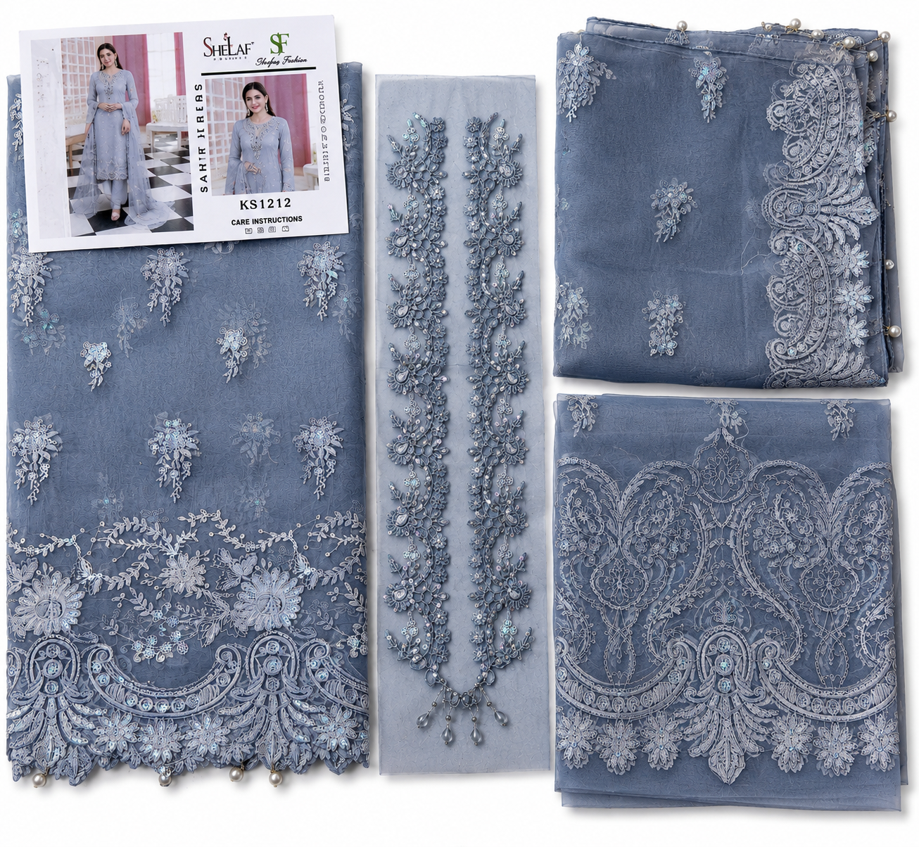 Elaf premium organza shirt with neckline patch with net dupatta ￼