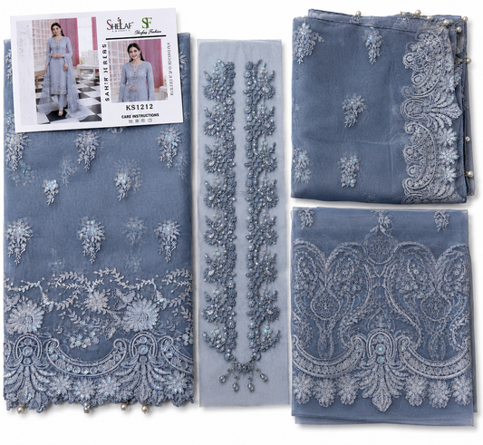 Elaf premium organza shirt with neckline patch with net dupatta ￼