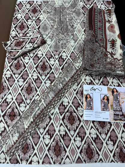 asifa & nabel printed three piece lawn with patches ￼
