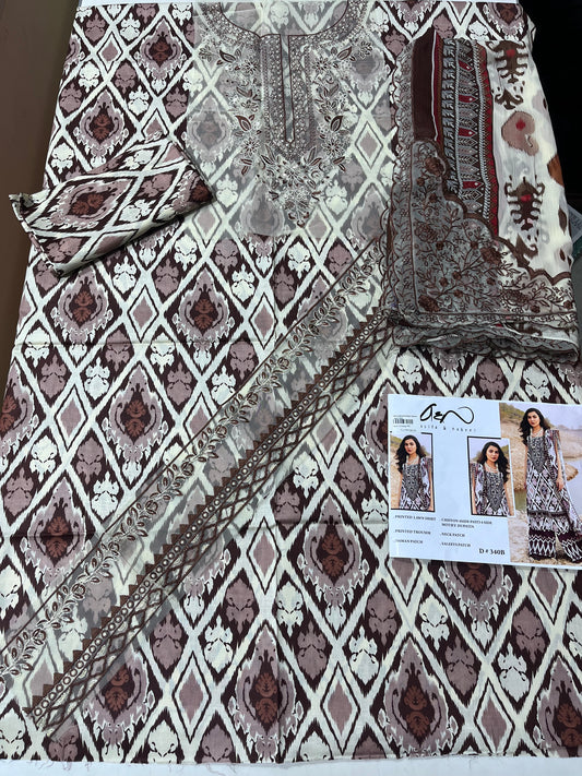 asifa & nabel printed three piece lawn with patches ￼