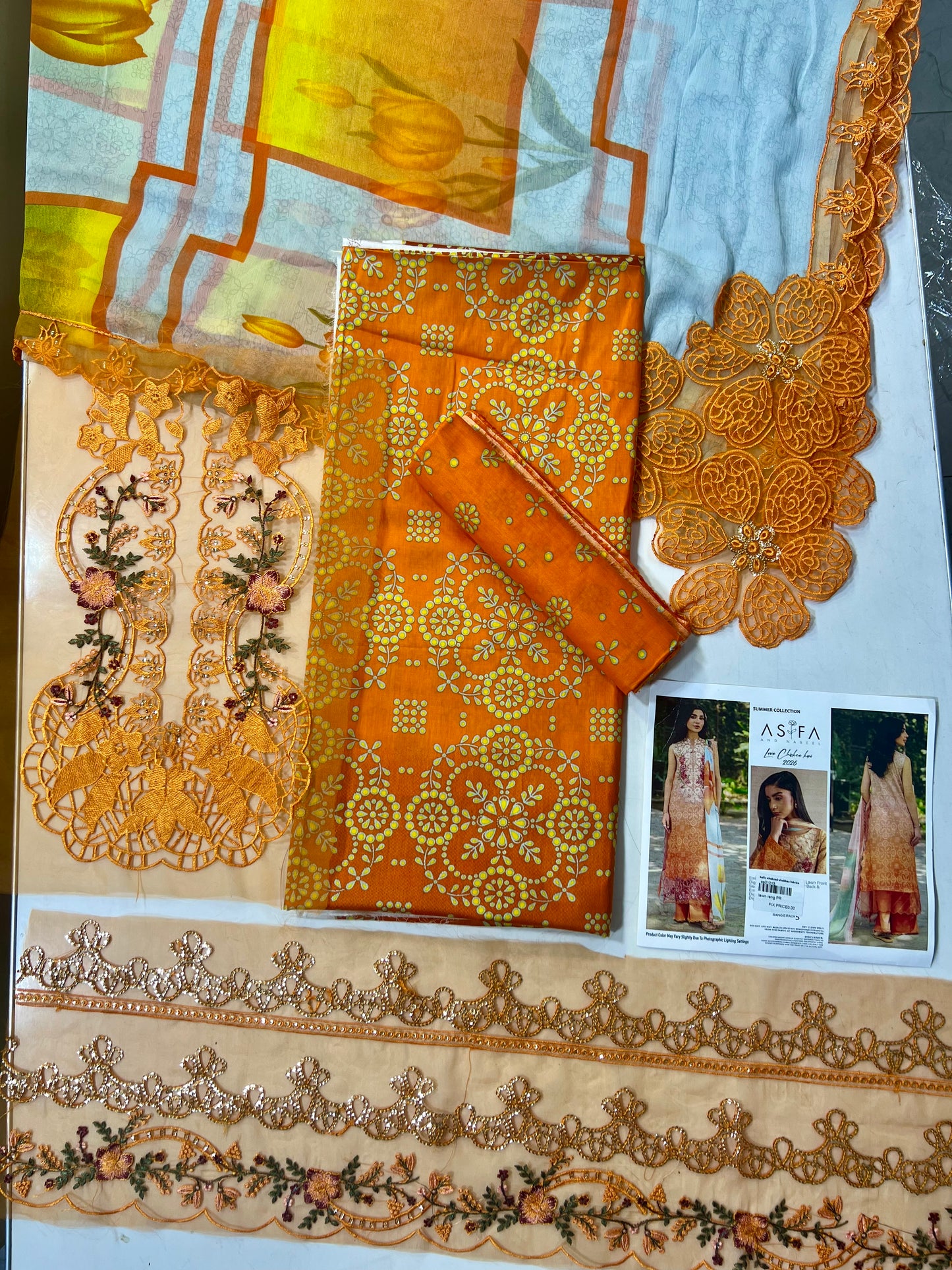Printed lawn Asifa nabil  Chiffon cut work dupatta