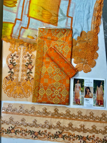 Printed lawn Asifa nabil  Chiffon cut work dupatta