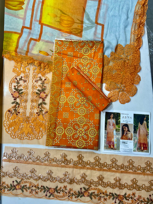 Printed lawn Asifa nabil  Chiffon cut work dupatta
