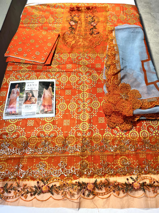 Printed lawn Asifa nabil  Chiffon cut work dupatta