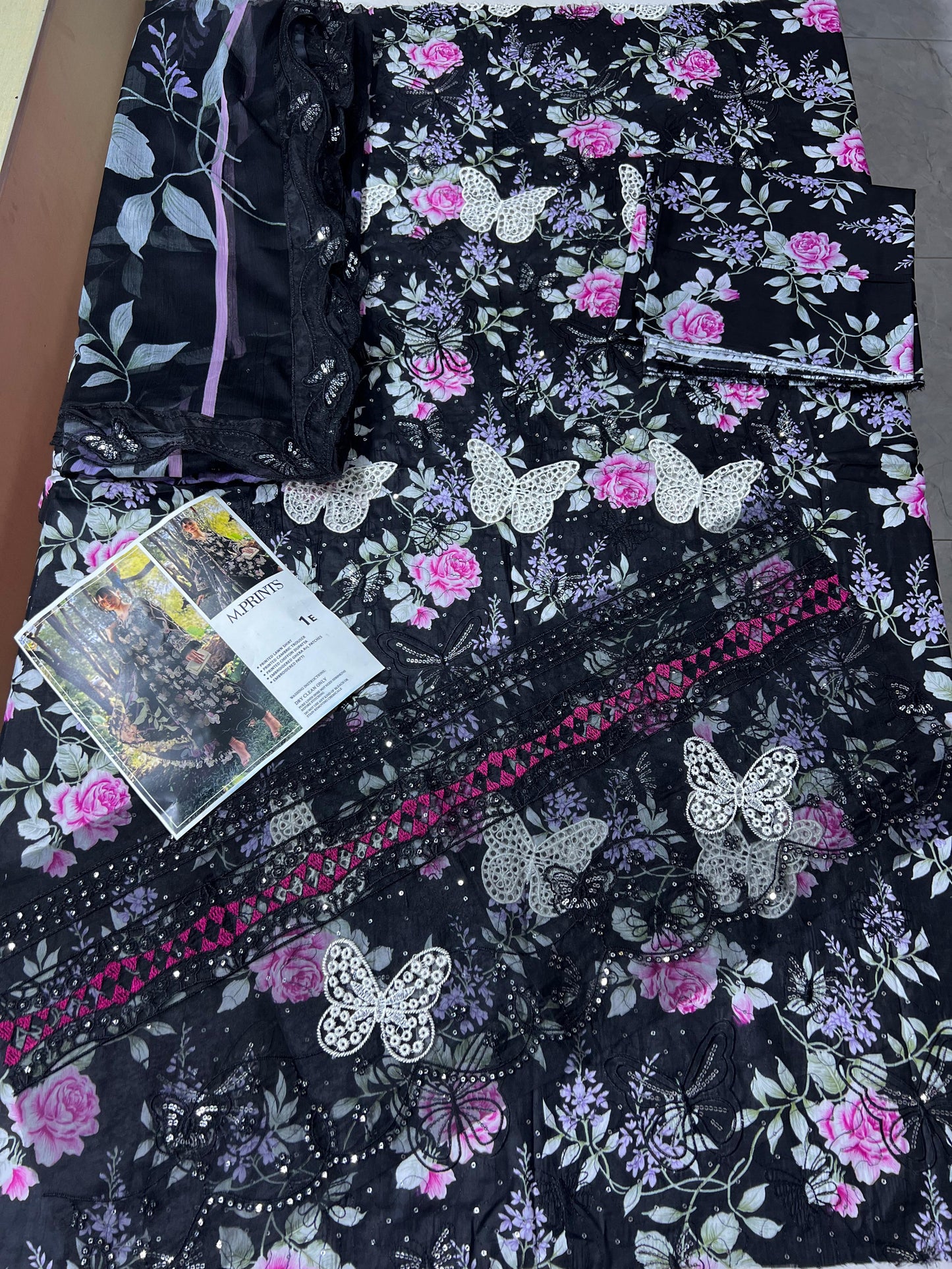 Butterfly black  3p lawn  Chiffon dupatta