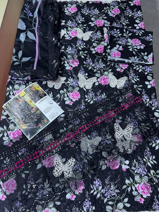 Butterfly black  3p lawn  Chiffon dupatta