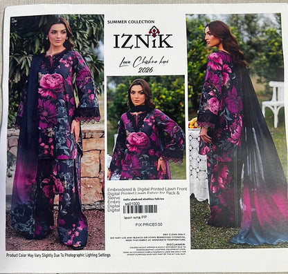 Iznik 3p lawn  Shifon dupatta