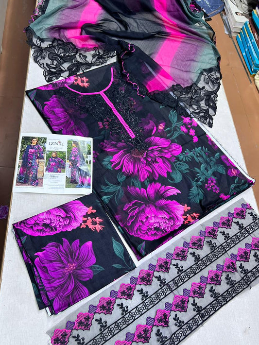 Iznik 3p lawn  Shifon dupatta