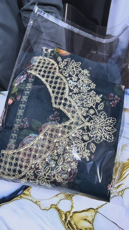 farasha 3p printed lawn with patches with embroidery ￼