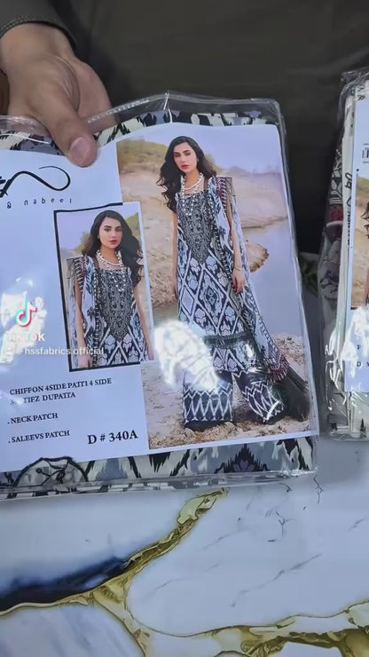 asifa & nabel printed three piece lawn with patches ￼