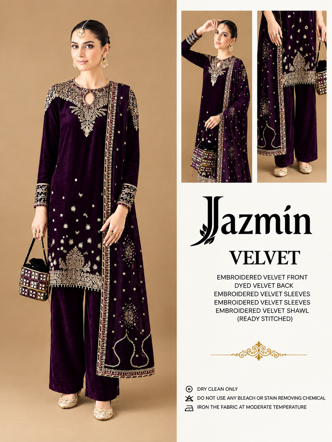 Jazmin Premium Embroidered Micro Velvet 3 Piece Suit with Net Dupatta