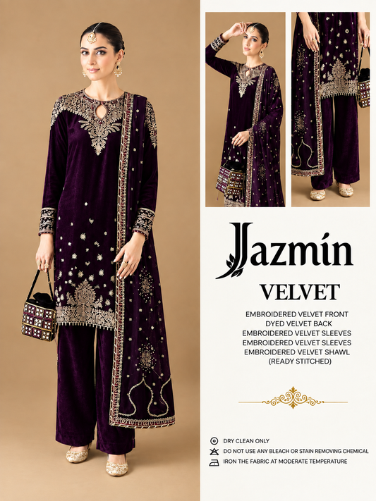 Jazmin Premium Embroidered Micro Velvet 3 Piece Suit with Net Dupatta