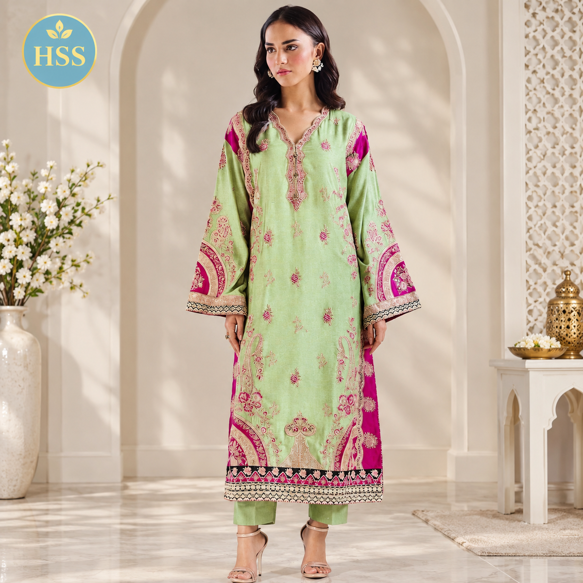 Ethnic Silk kaftan embroidered 2 piece suit
