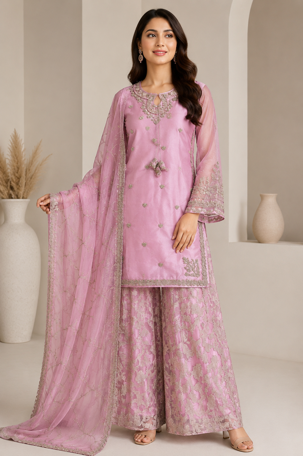 Luxury Net Embroidered & Hand Embellished 3 Piece Stitched Suit