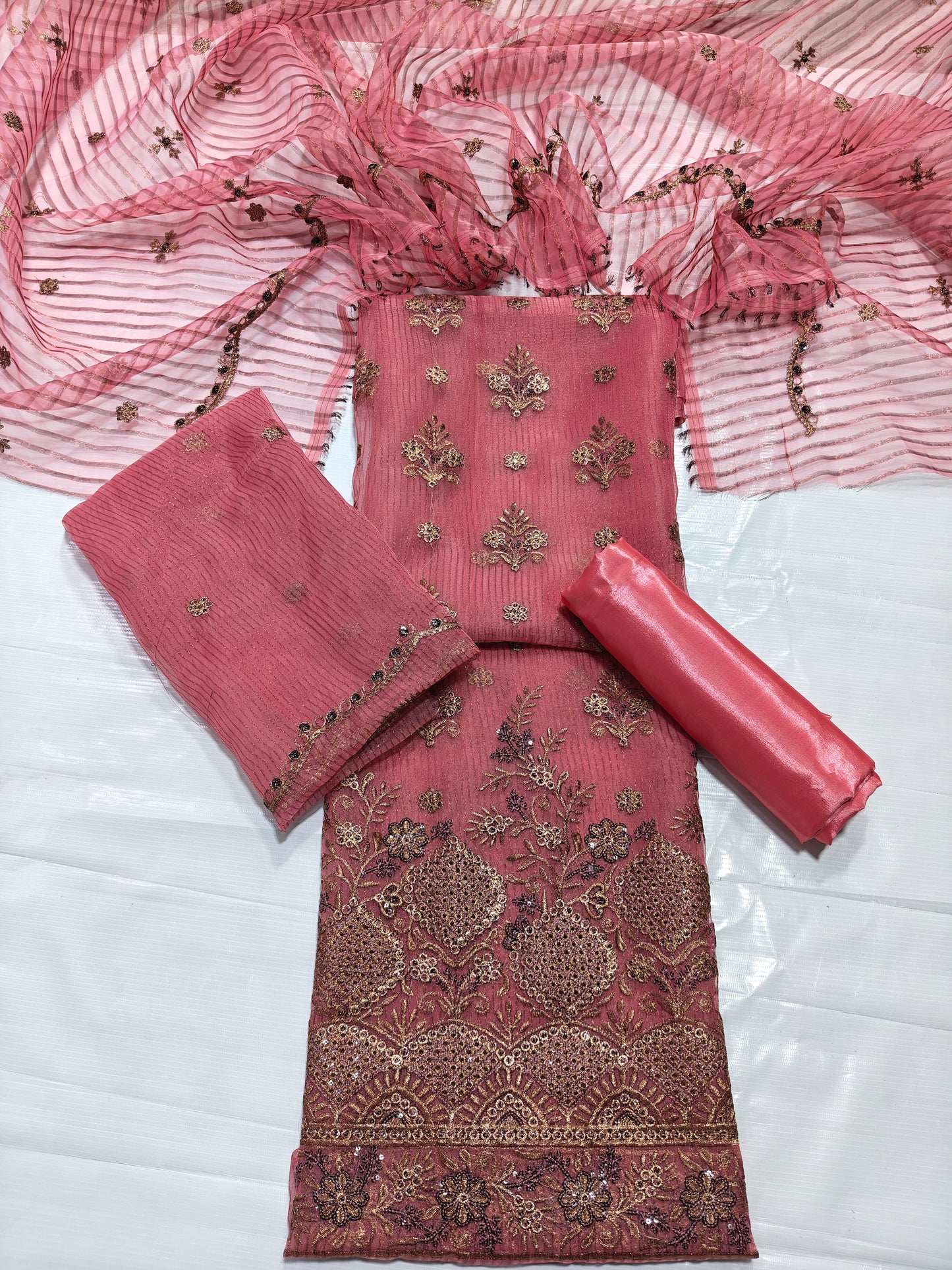 zari organza embroidered 4 piece suit