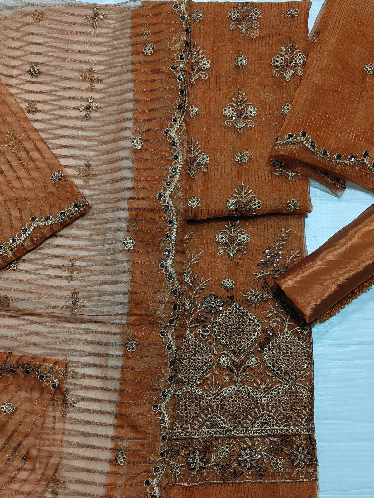 zari organza embroidered 4 piece suit