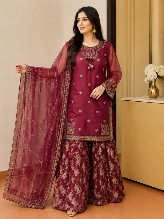 Luxury Net Embroidered & Hand Embellished 3 Piece Stitched Suit