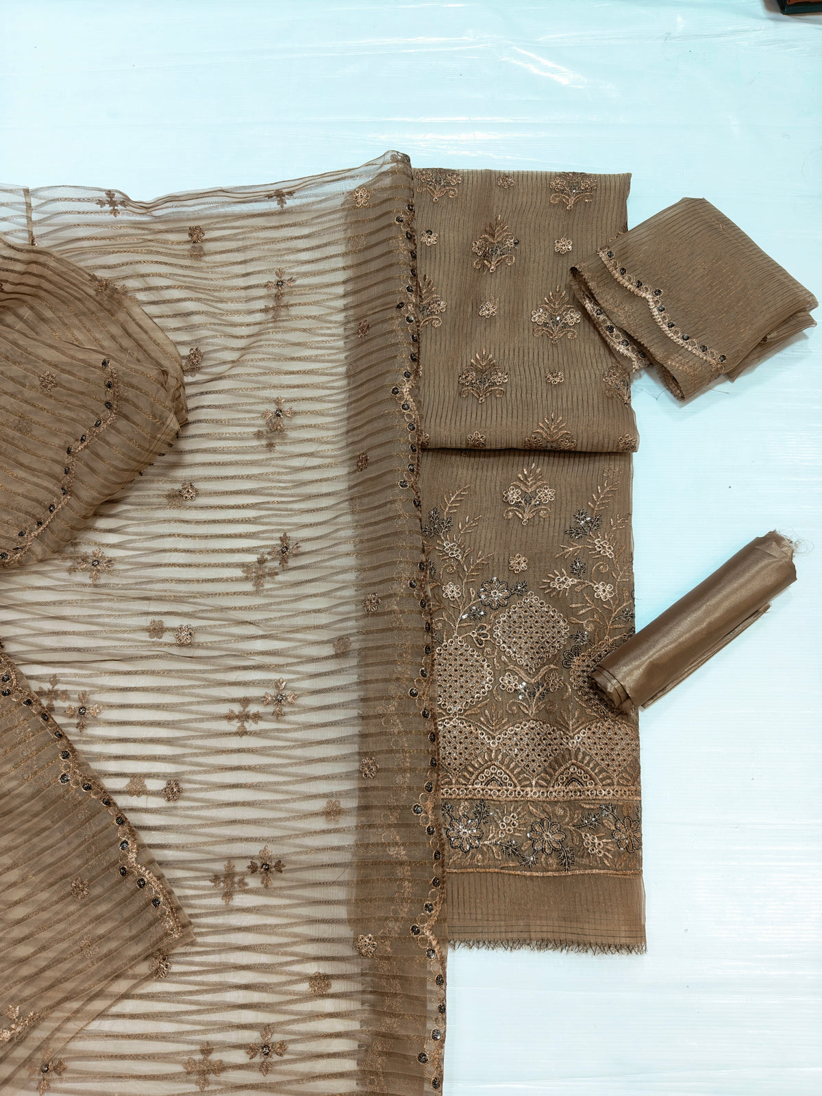 zari organza embroidered 4 piece suit