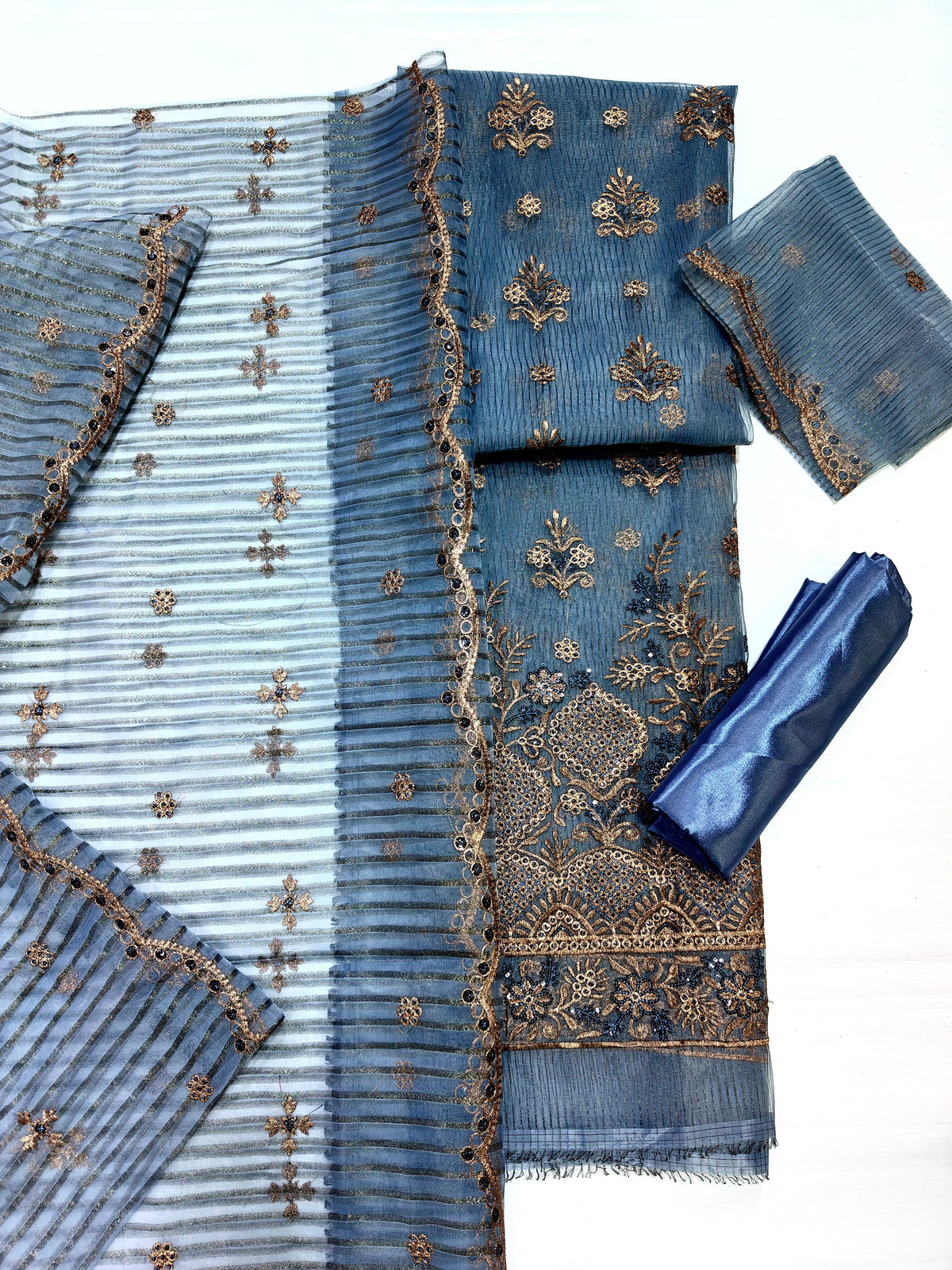 zari organza embroidered 4 piece suit