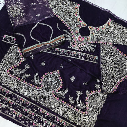 Jazmin Premium Embroidered Micro Velvet 3 Piece Suit with Net Dupatta