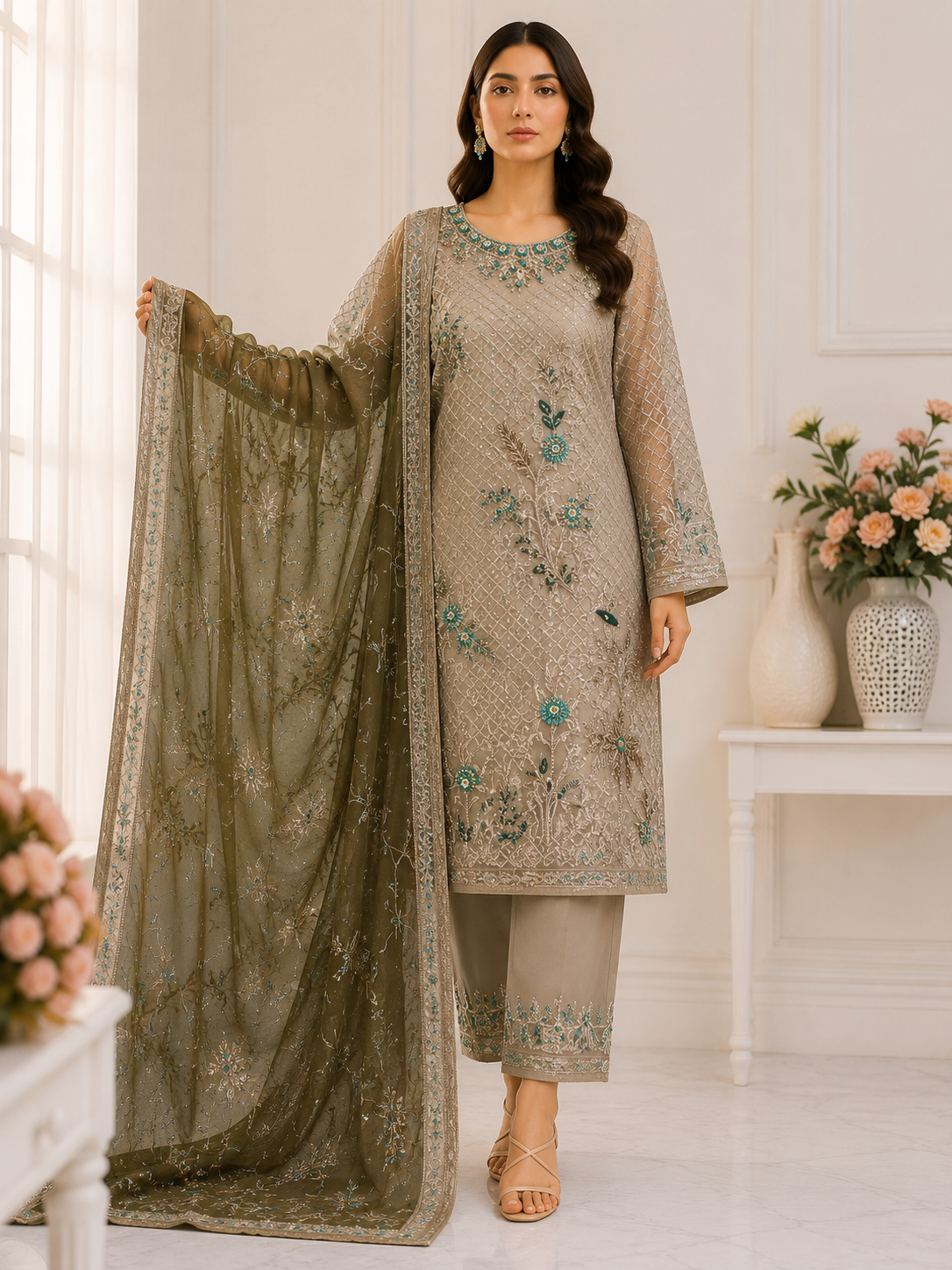 Imrozia Luxury Organza Embroidered & Hand Embellished Suit