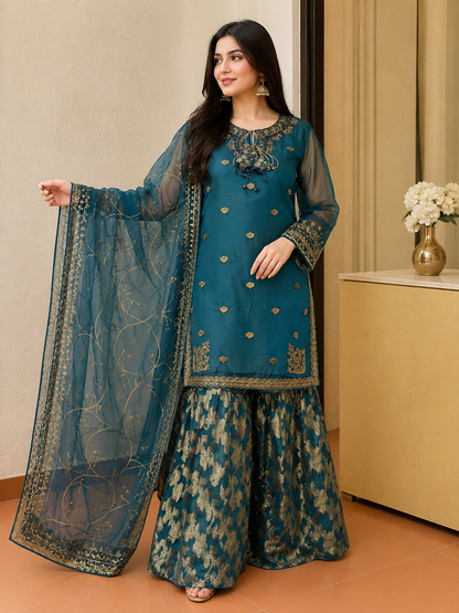 Luxury Net Embroidered & Hand Embellished 3 Piece Stitched Suit