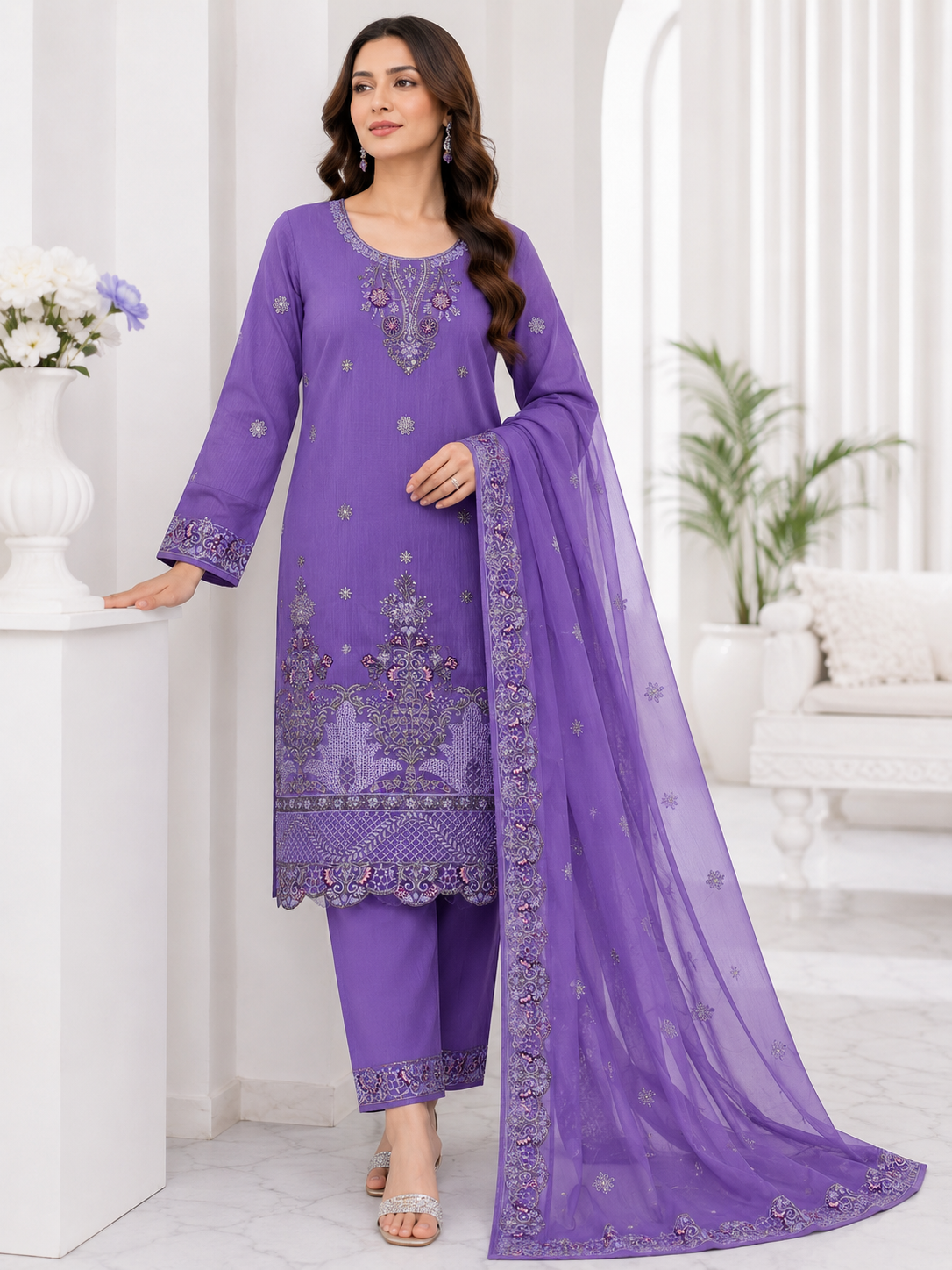 maria b lawn 3p with neck line with Shifon dupatta￼
