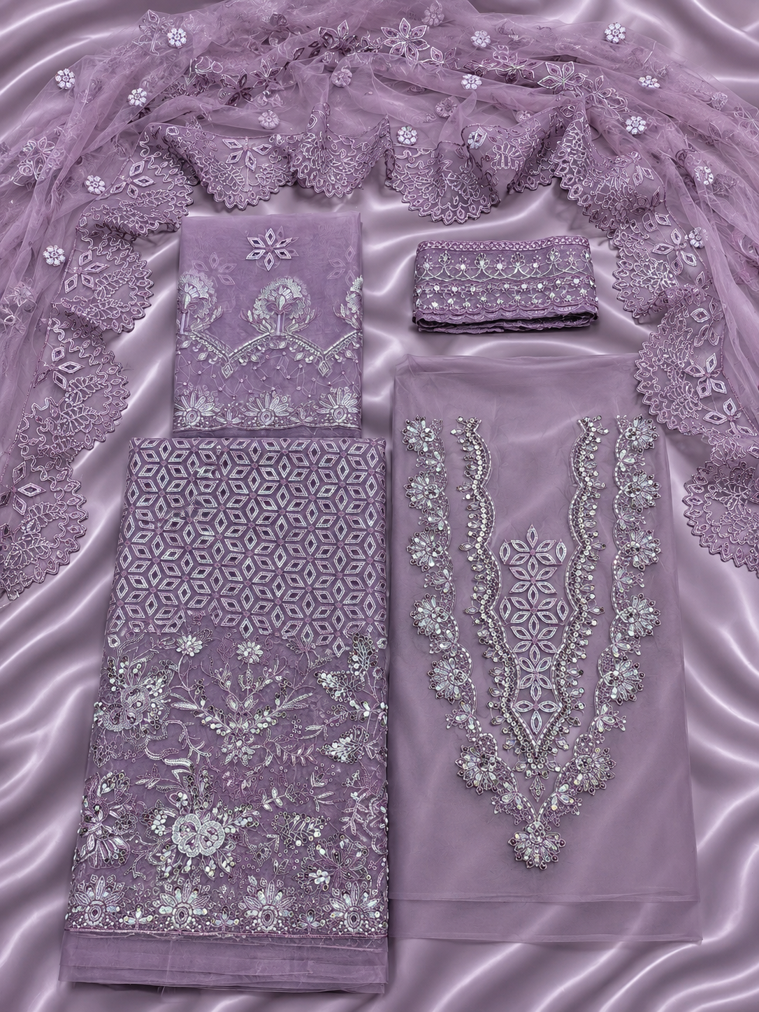Luxury Organza Handwork Suit – light purple Muryam Hussain