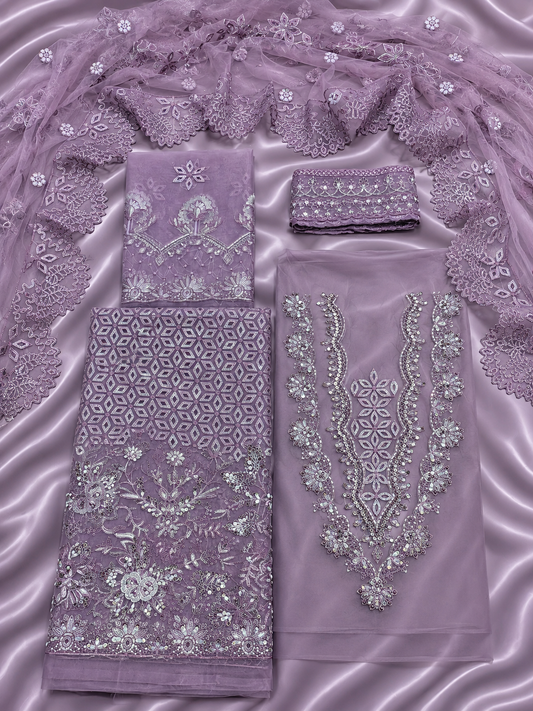 Luxury Organza Handwork Suit – light purple Muryam Hussain
