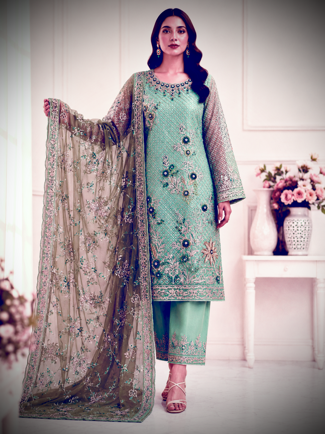 Imrozia Luxury Organza Embroidered & Hand Embellished Suit