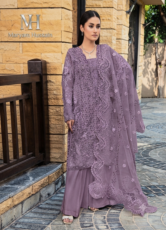 Luxury Organza Handwork Suit – light purple Muryam Hussain