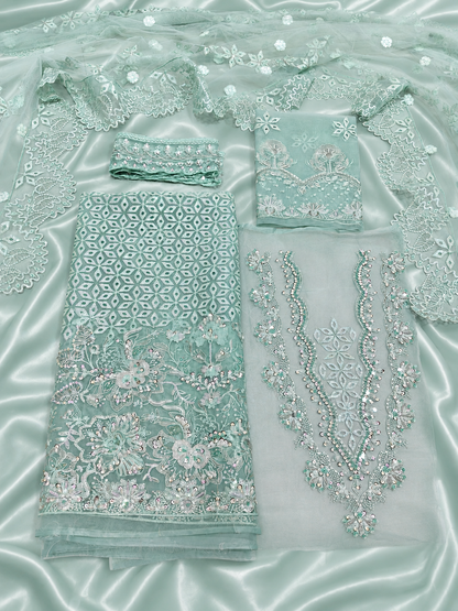Luxury Organza Handwork Suit – Mint Green. maryam Hussain