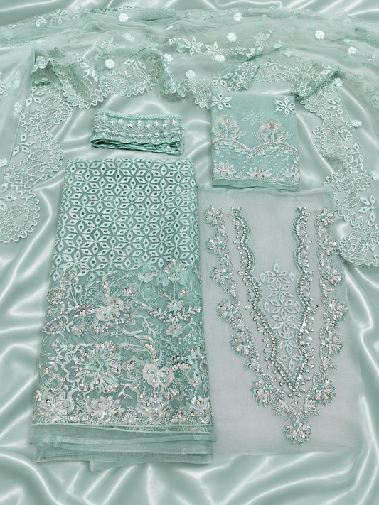 Luxury Organza Handwork Suit – Mint Green. maryam Hussain