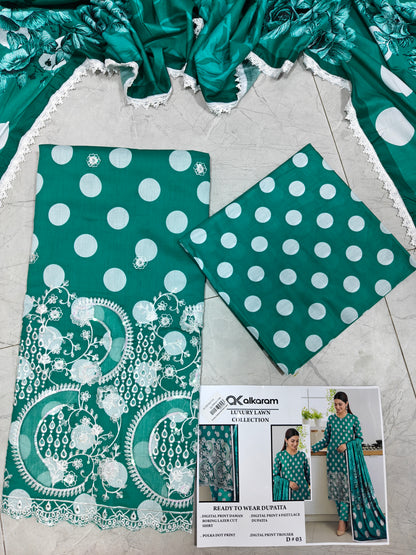 Alkaram Luxury lawn 3p lezar cut daman