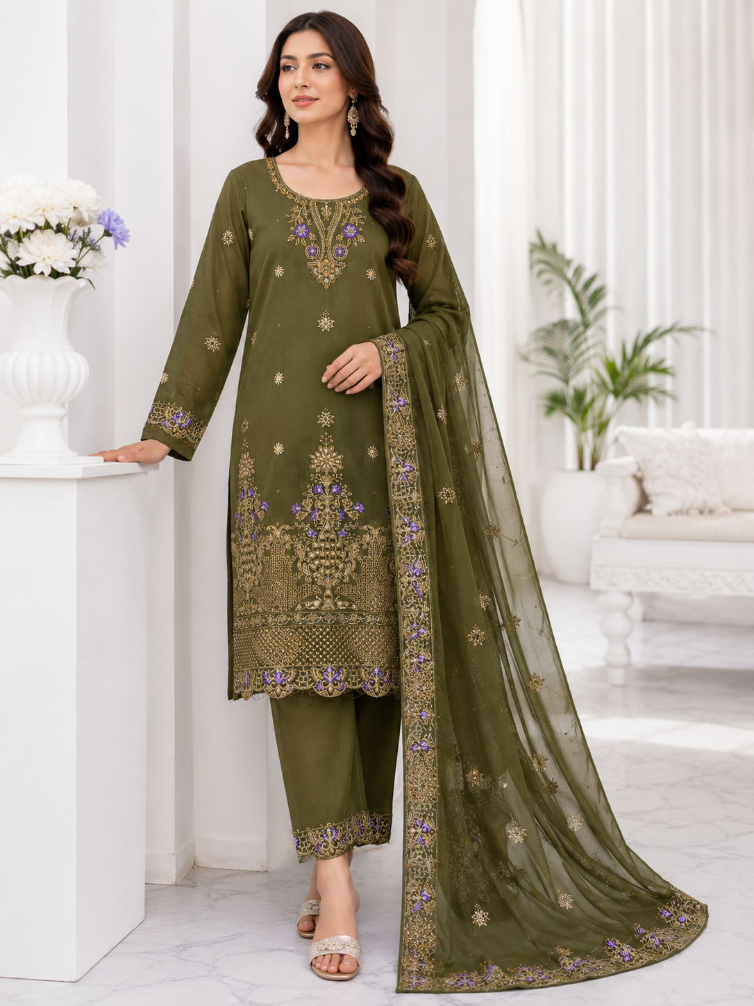 maria b lawn 3p with neck line with Shifon dupatta￼