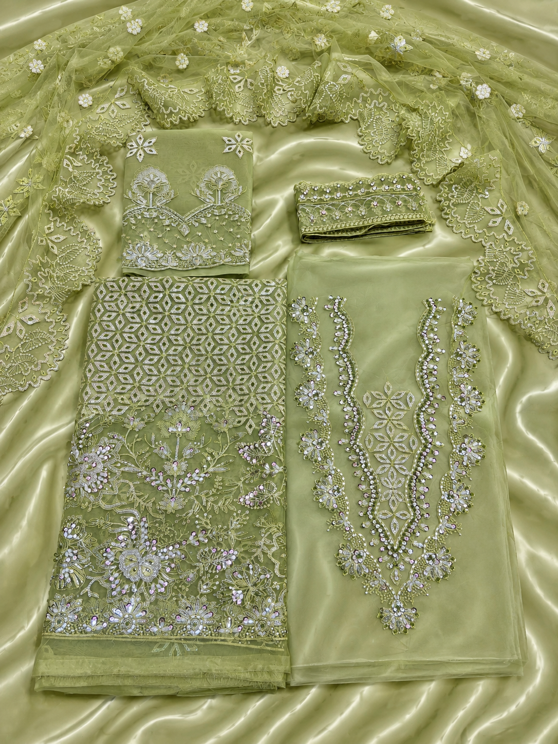 Luxury Organza Handwork Suit – pista colour